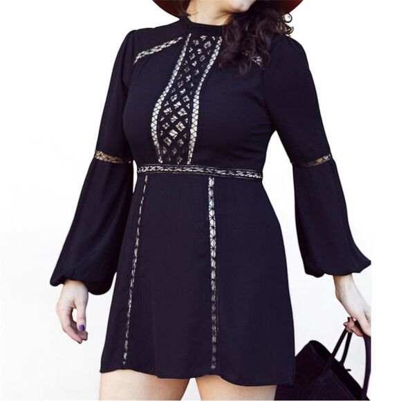 Express Black Sheath Dress with Bell Sleeves and Mock Neck - Picture 1 of 8